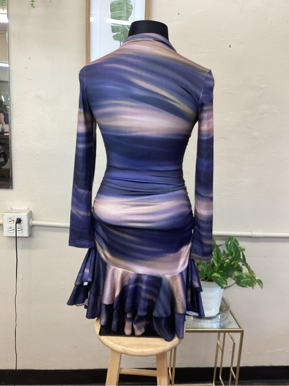 SHEIN Blue and Pink Wave-Print Long Sleeve Ruffle Hem Dress